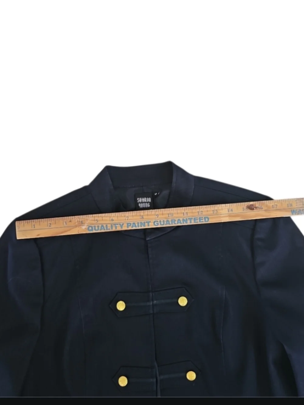 Sharon Young Dark Denim Stretch Military Jacket Gold Button Open Front Sz 12